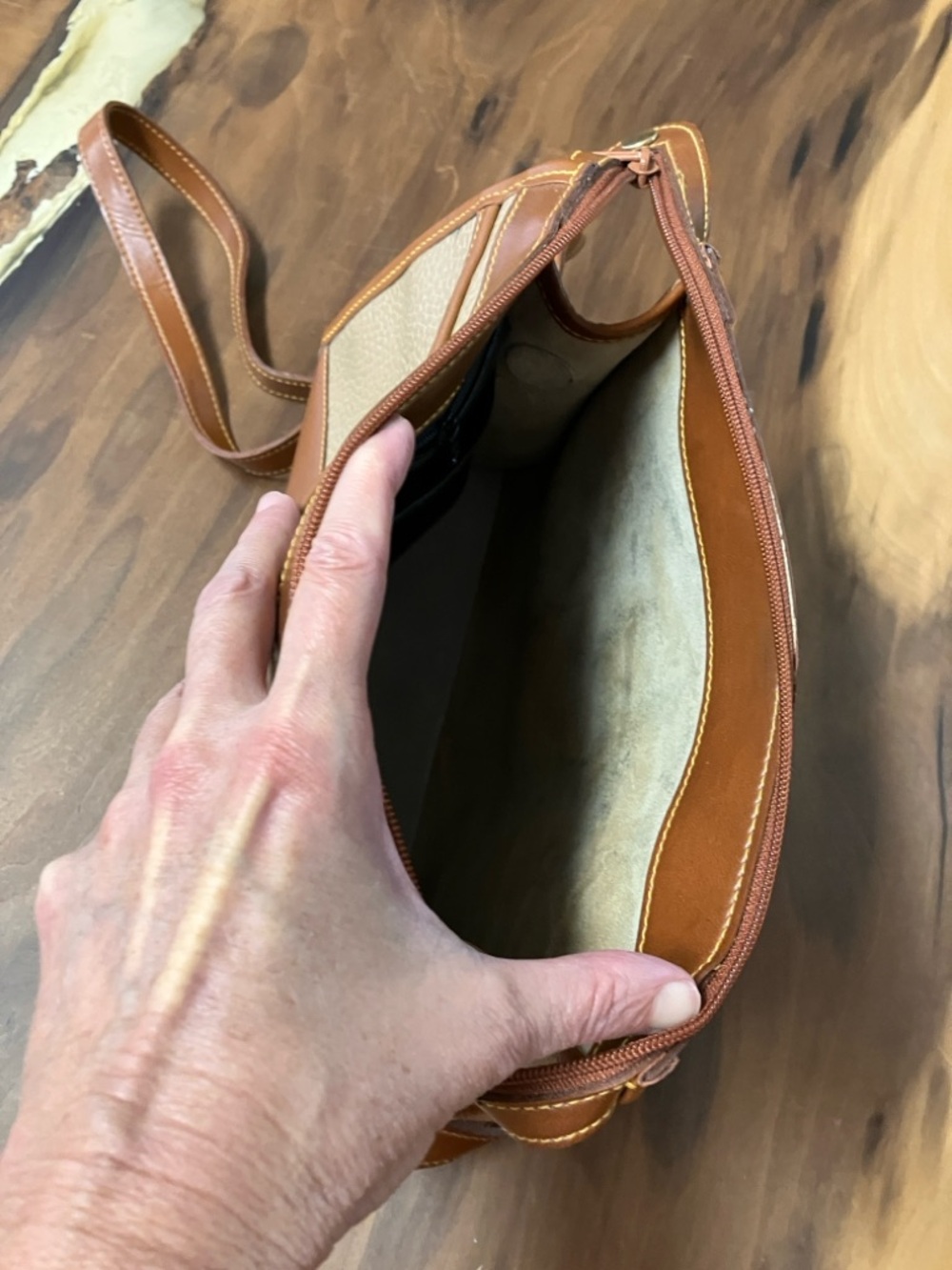 Dooney & Bourke Tan Leather-Trim Pebbled Beige Crossbody - Picture 3 of 8